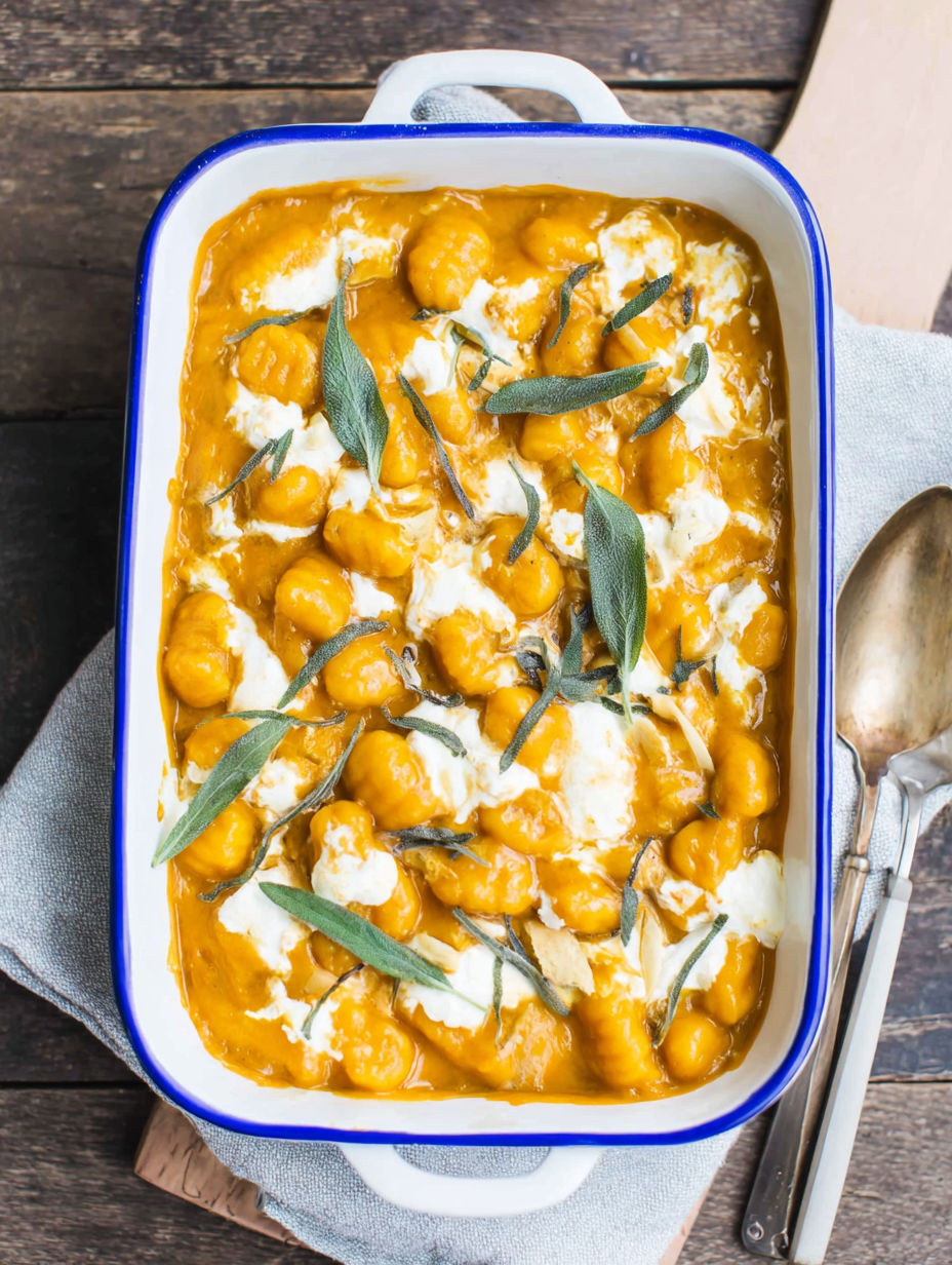 A dish of pumpkin gnocchi bake with a spoon on the side.