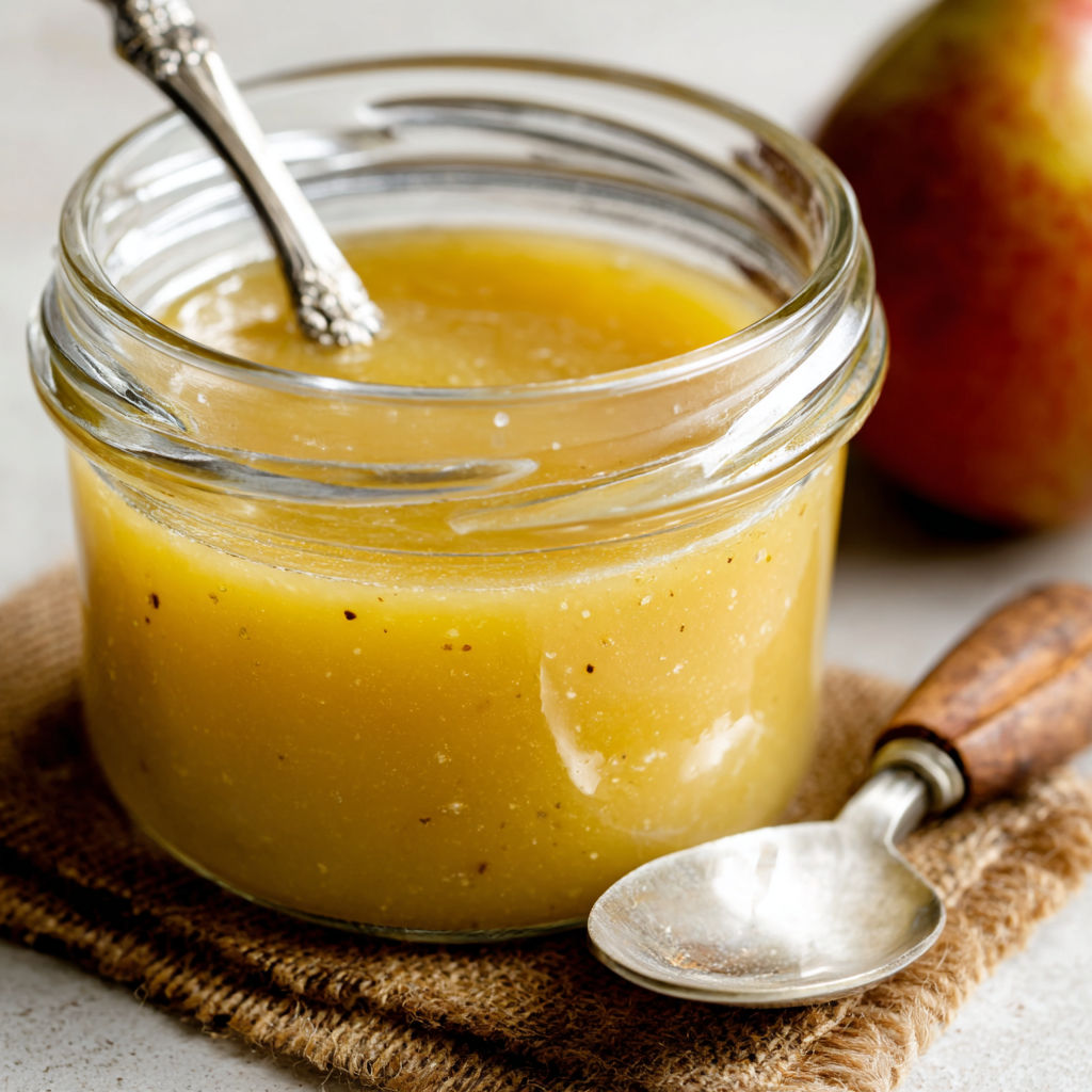 A jar of spiced pear and apple cider reduction dressing.