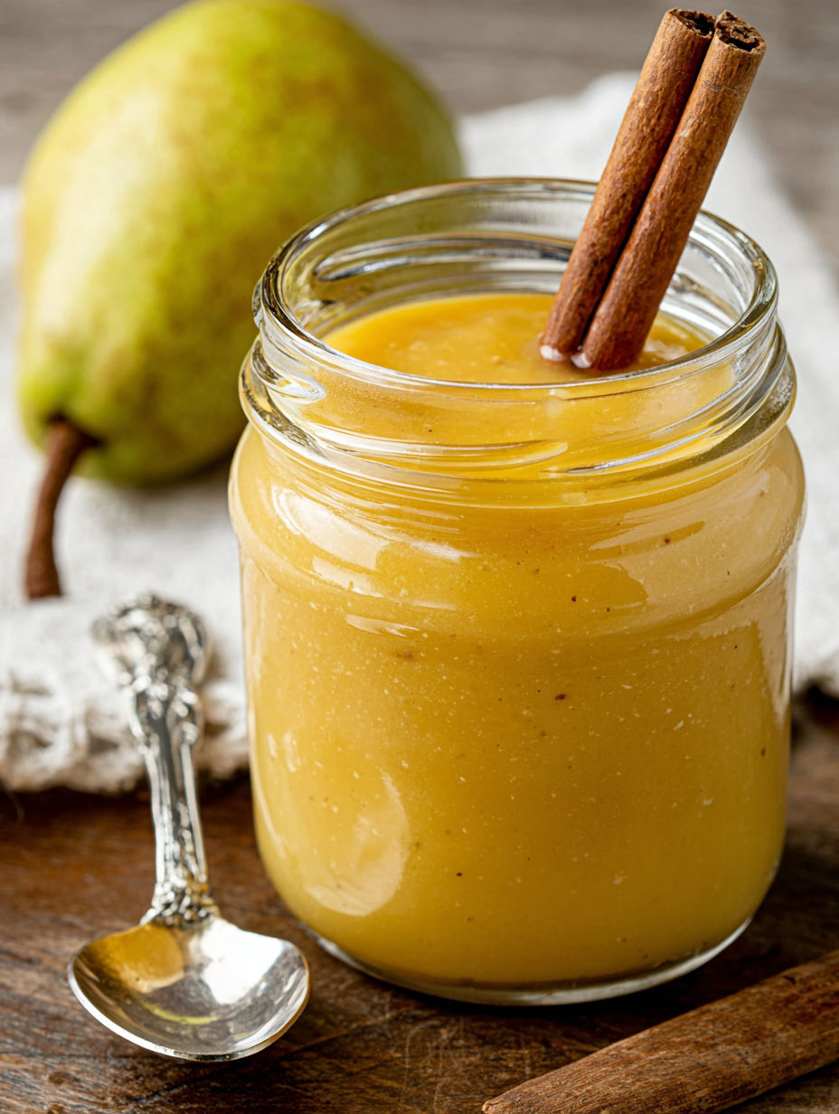 A jar of spiced pear and apple cider reduction dressing.