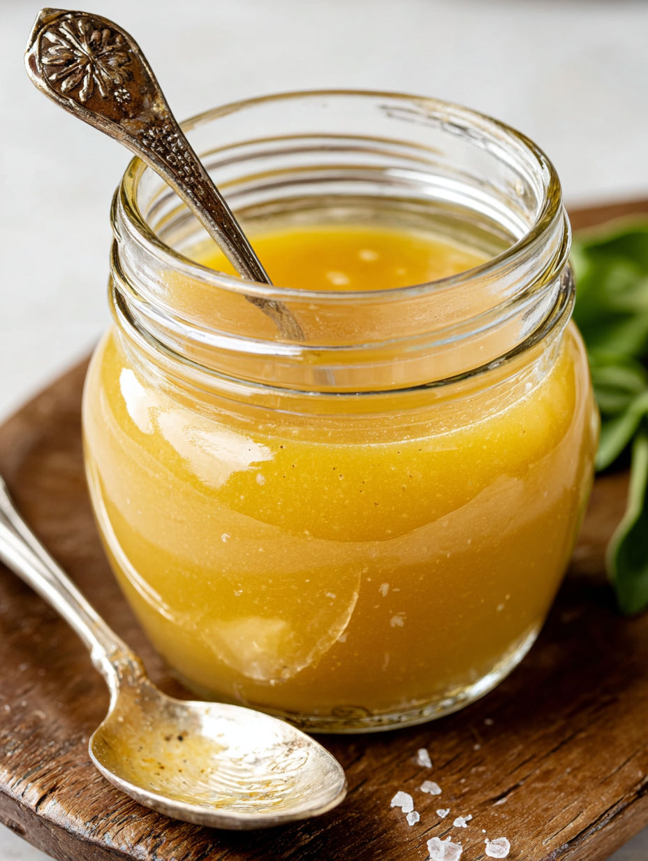A jar of spiced pear and apple cider reduction dressing.