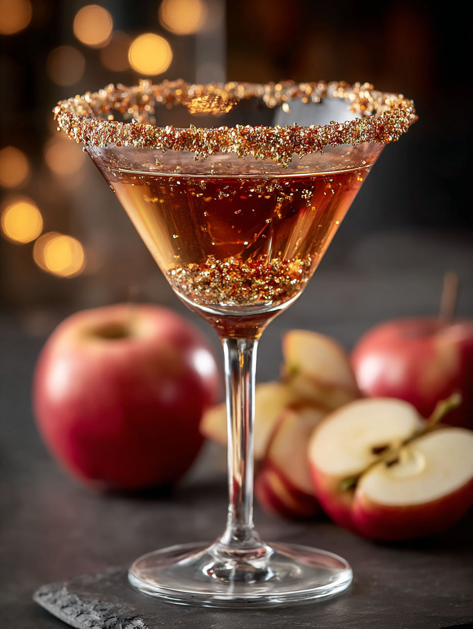 A glass of a Cursed Apple Martini with gold glitter.