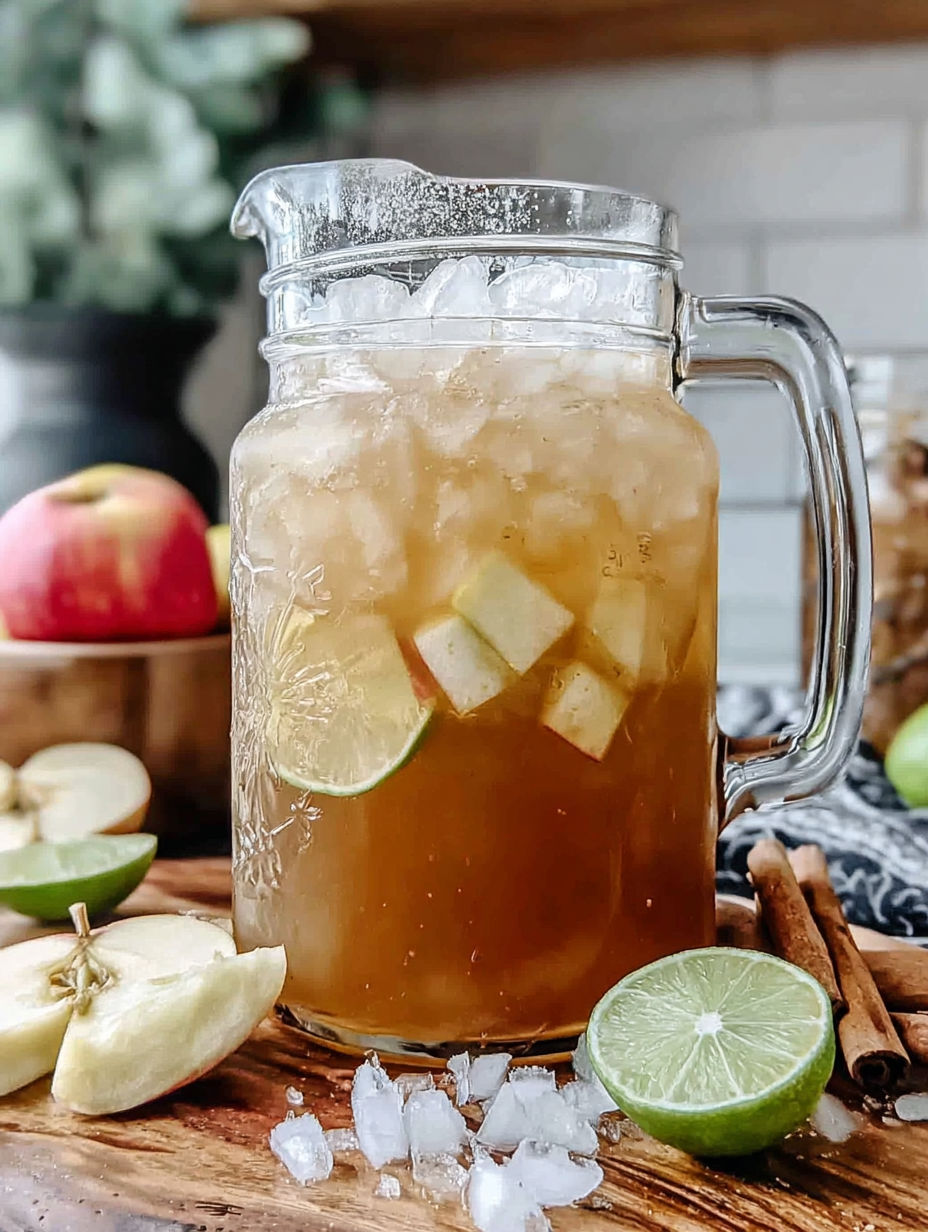 A pitcher of apple cider margarita with a lime wedge on the side.