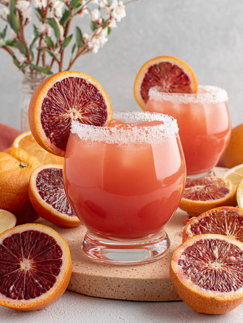 Two glasses of blood orange margarita with orange slices.