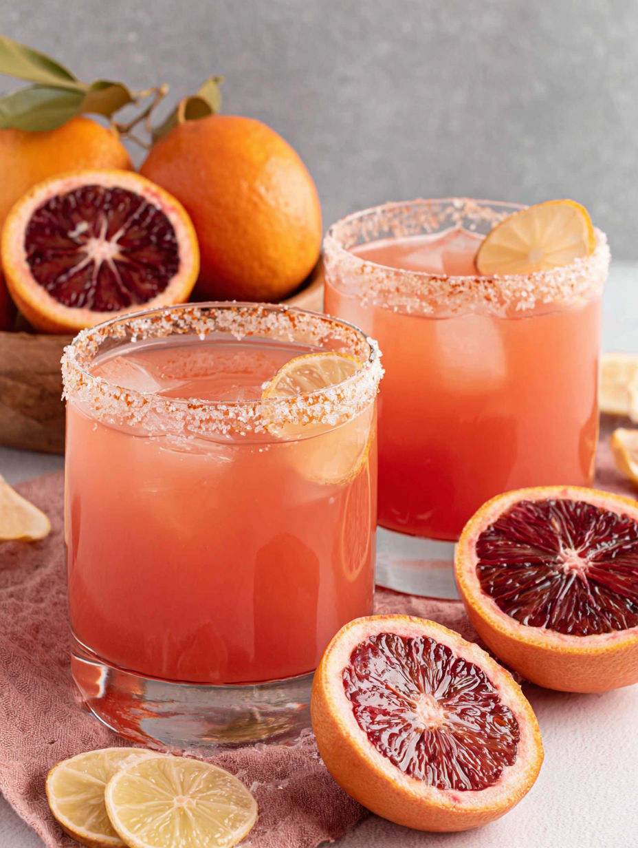 Two glasses of blood orange margarita with orange slices on the side.