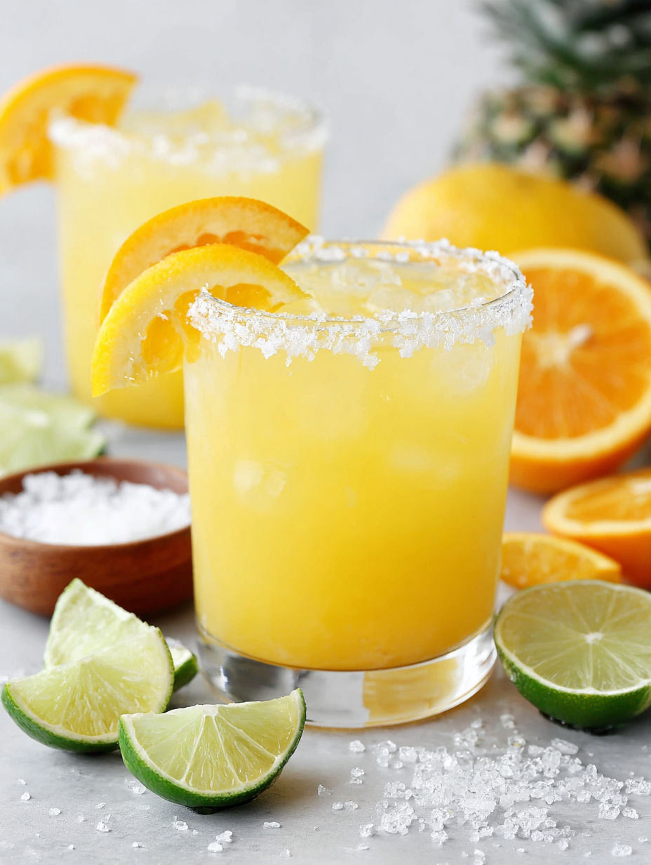 A glass of yellow drink with orange slices on the side.