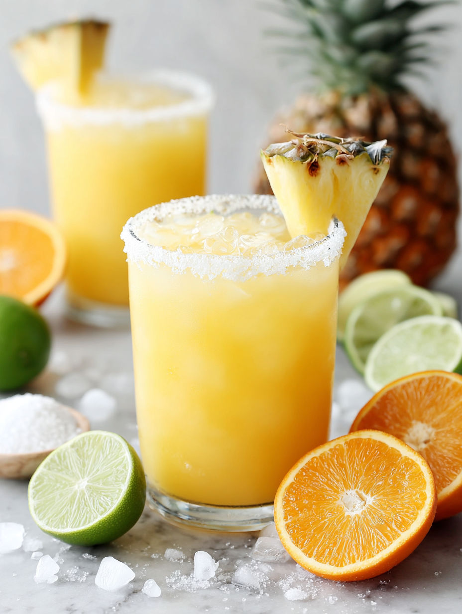 Two glasses of Cinco De Drinko (Party-Style Margarita) with a pineapple wedge on top.