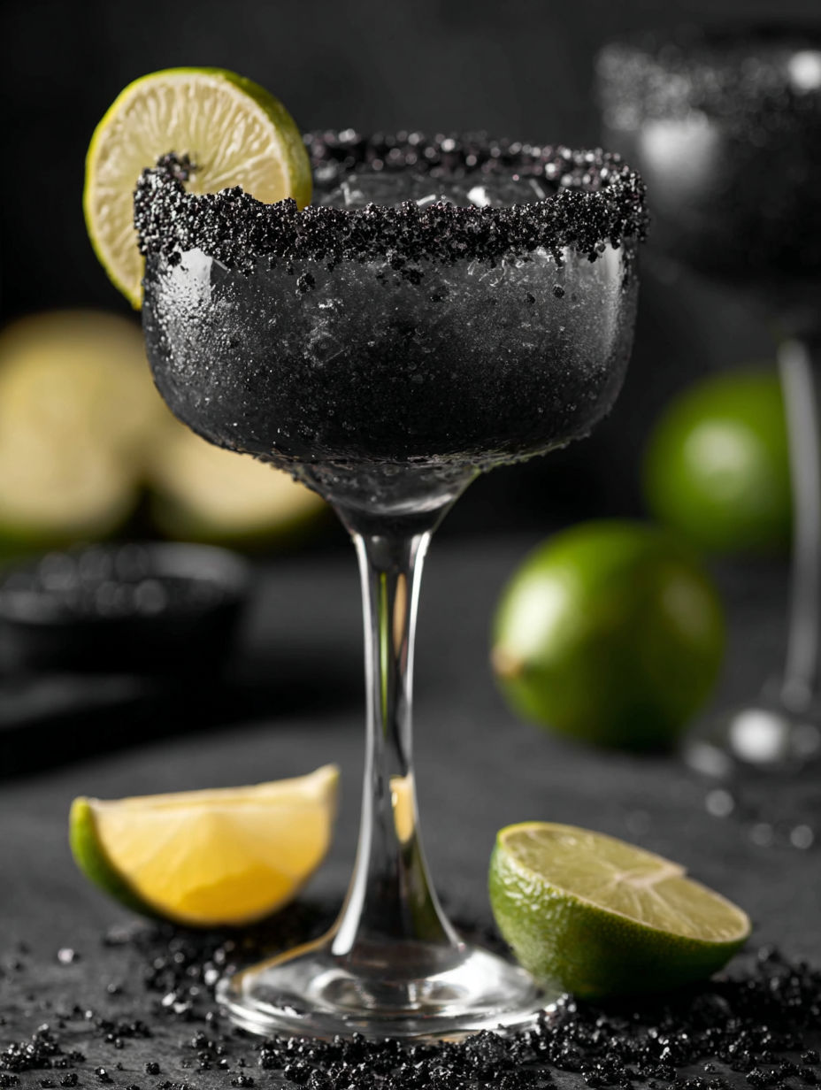 A glass of black margarita with limes on the side.