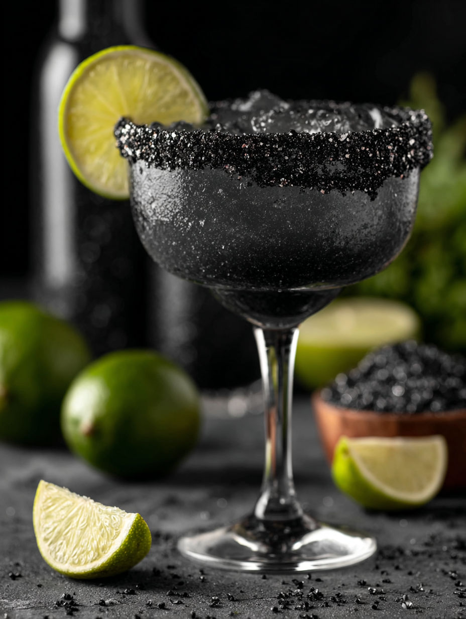 A glass of black margarita with limes.