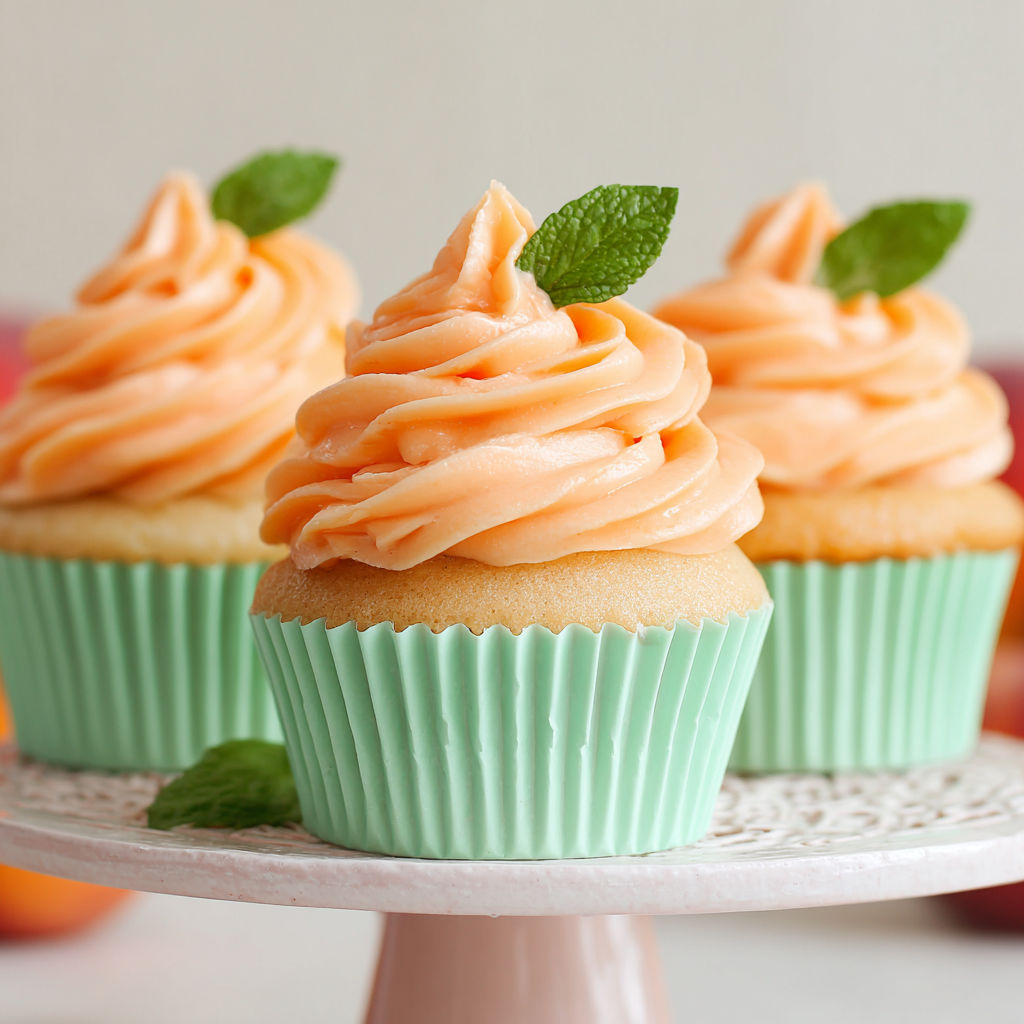 Three cupcakes with peach purée buttercream.