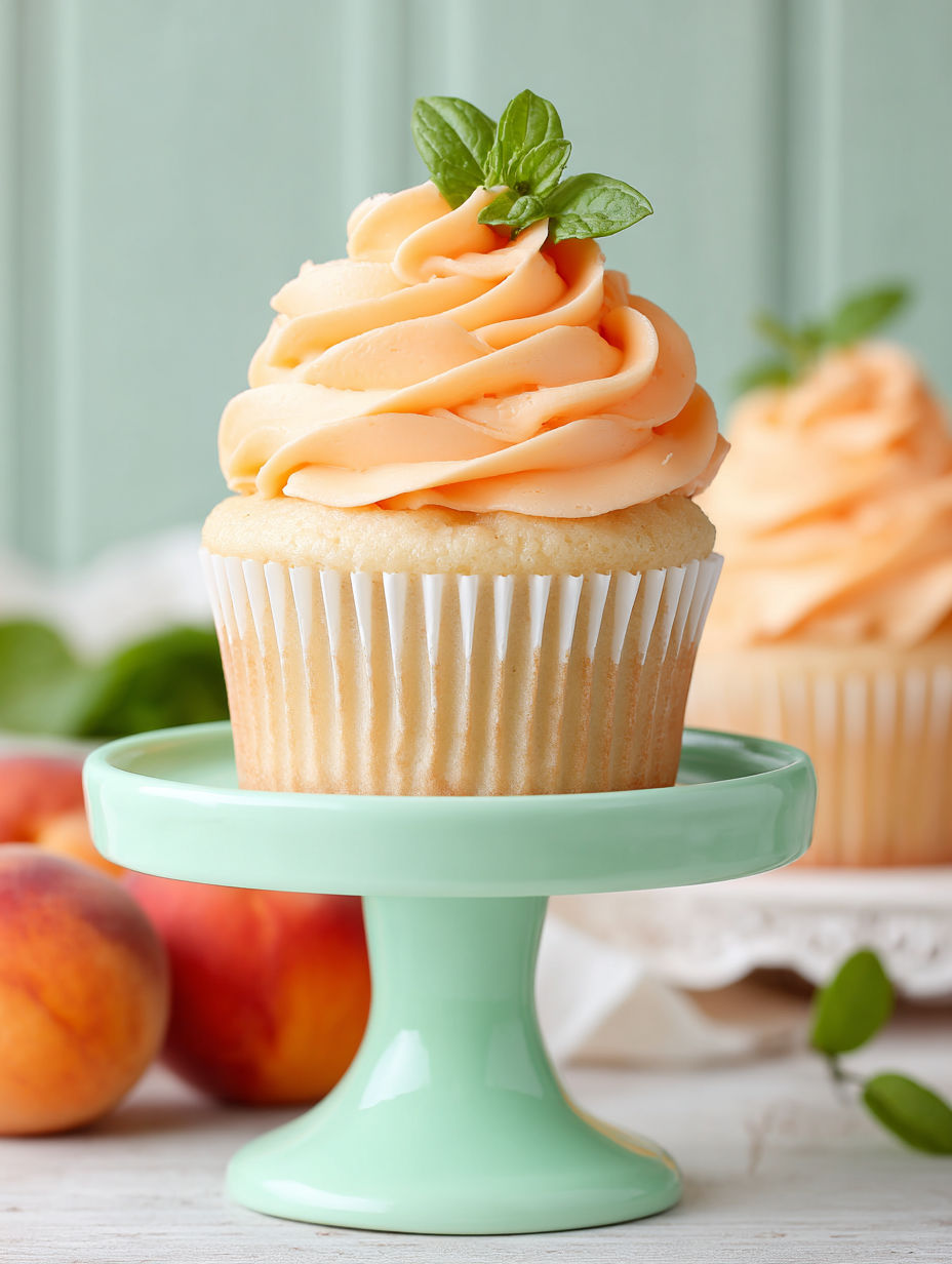 A cupcake with peach purée buttercream on top.