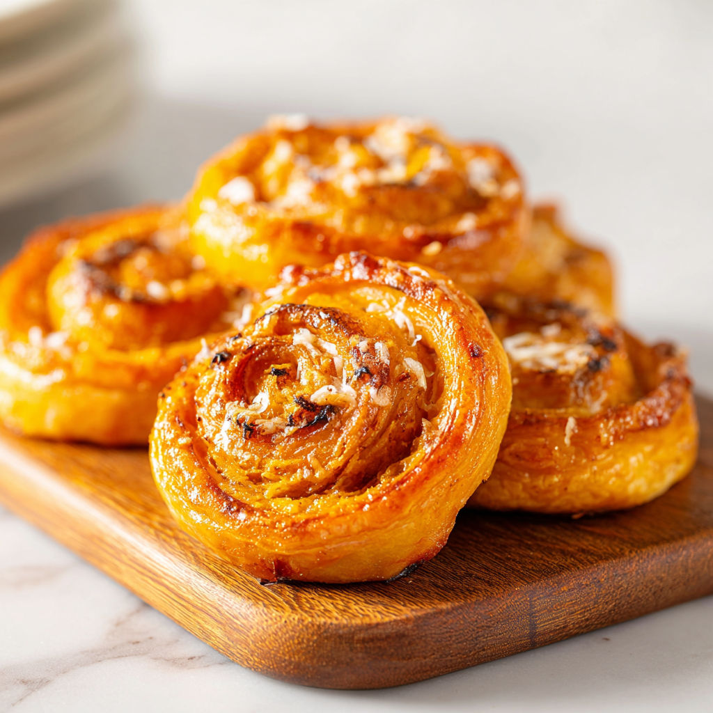 Pumpkin Puff Pastry Pinwheels on a wooden board.