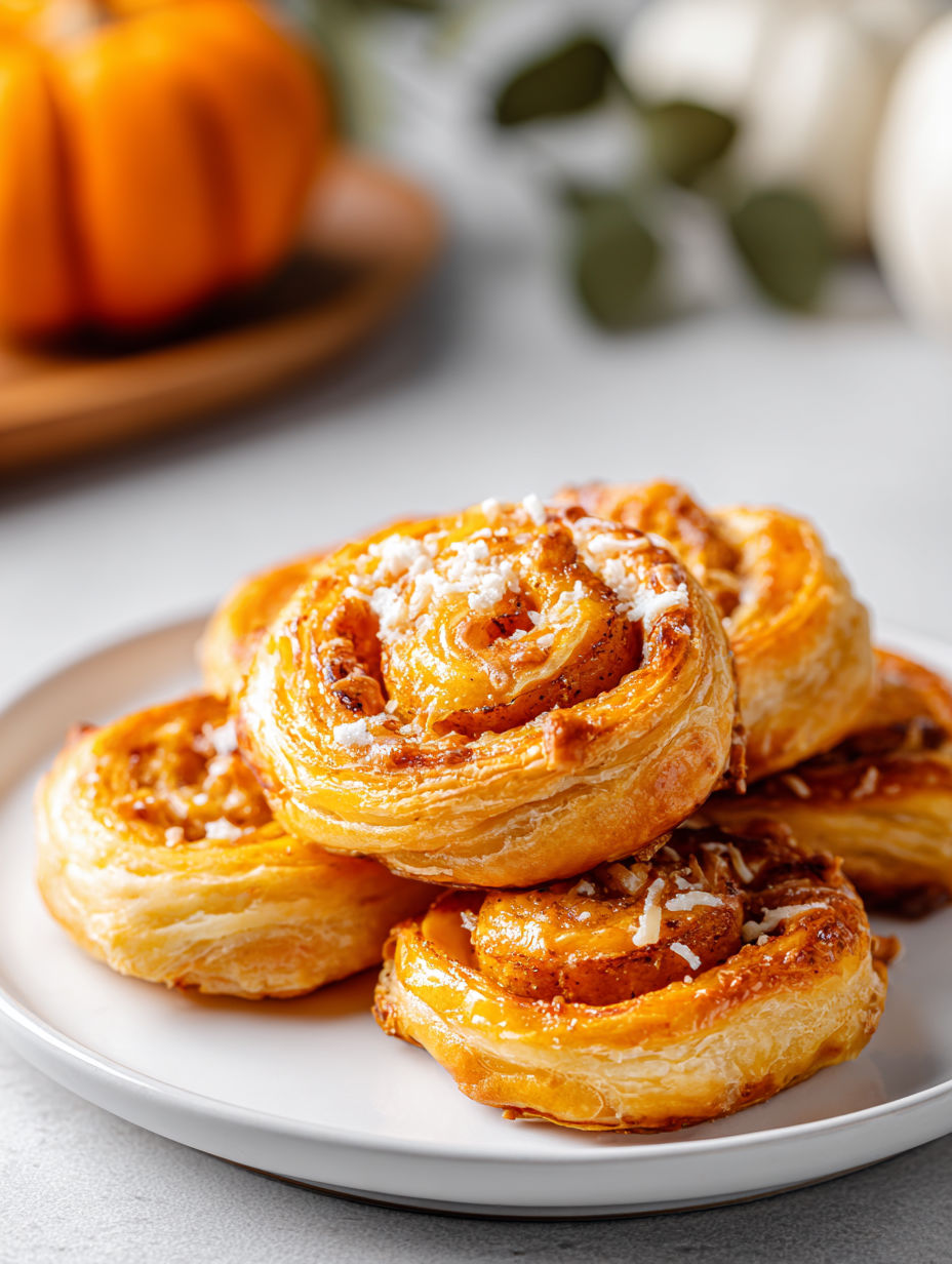 A plate of pumpkin puff pastry pinwheels.