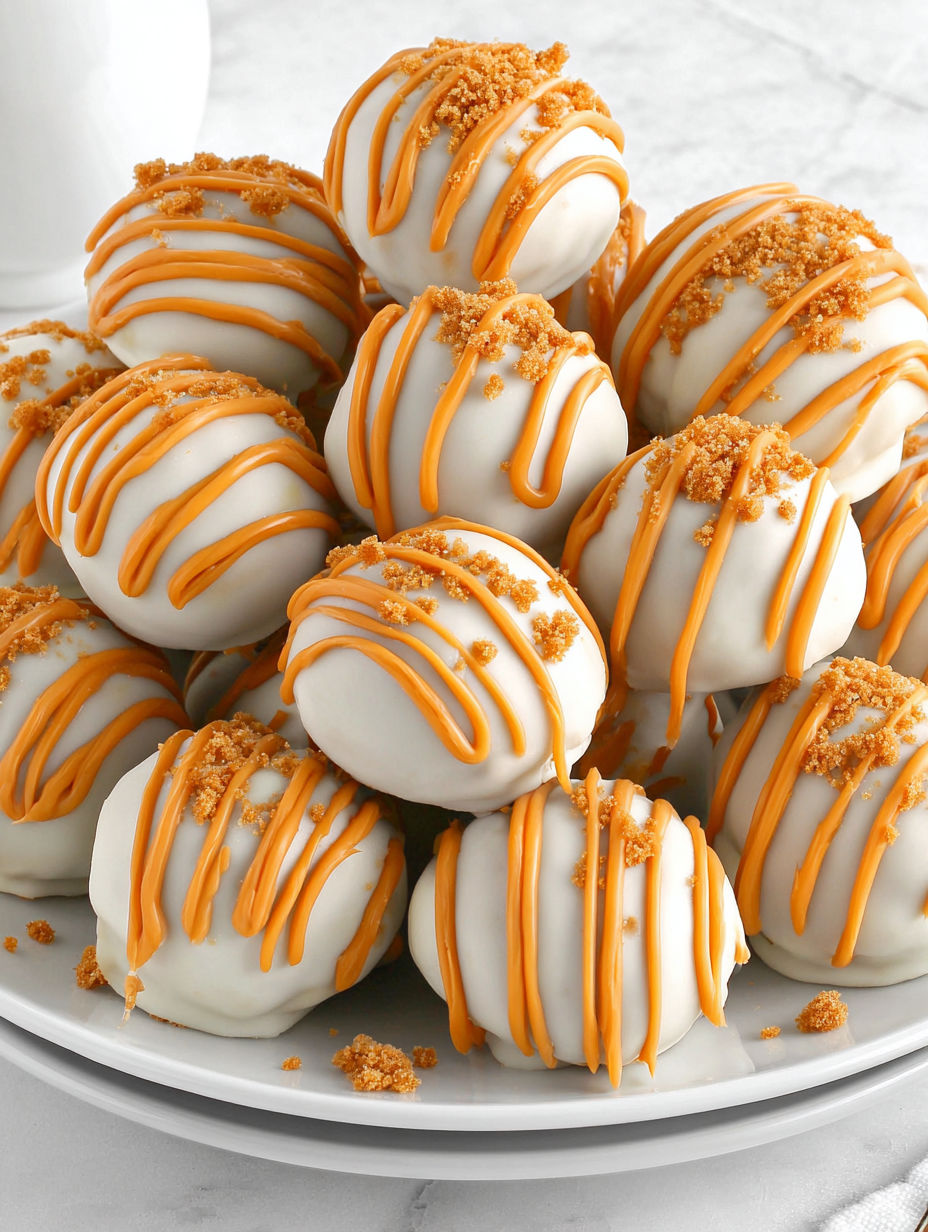 A plate of pumpkin cheesecake balls with a drizzle of caramel sauce.