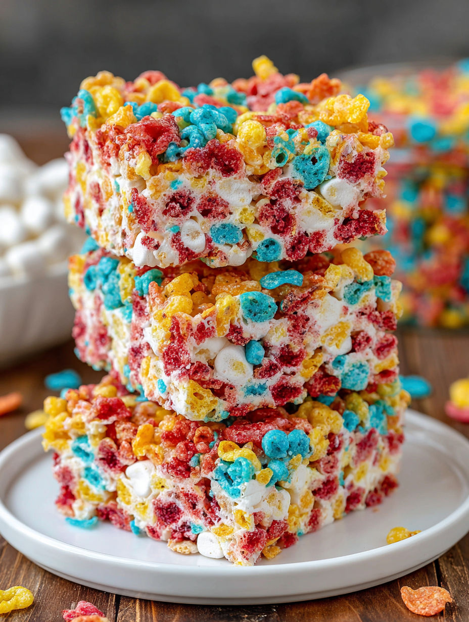 A stack of Fruity Pebbles Marshmallow Treats.