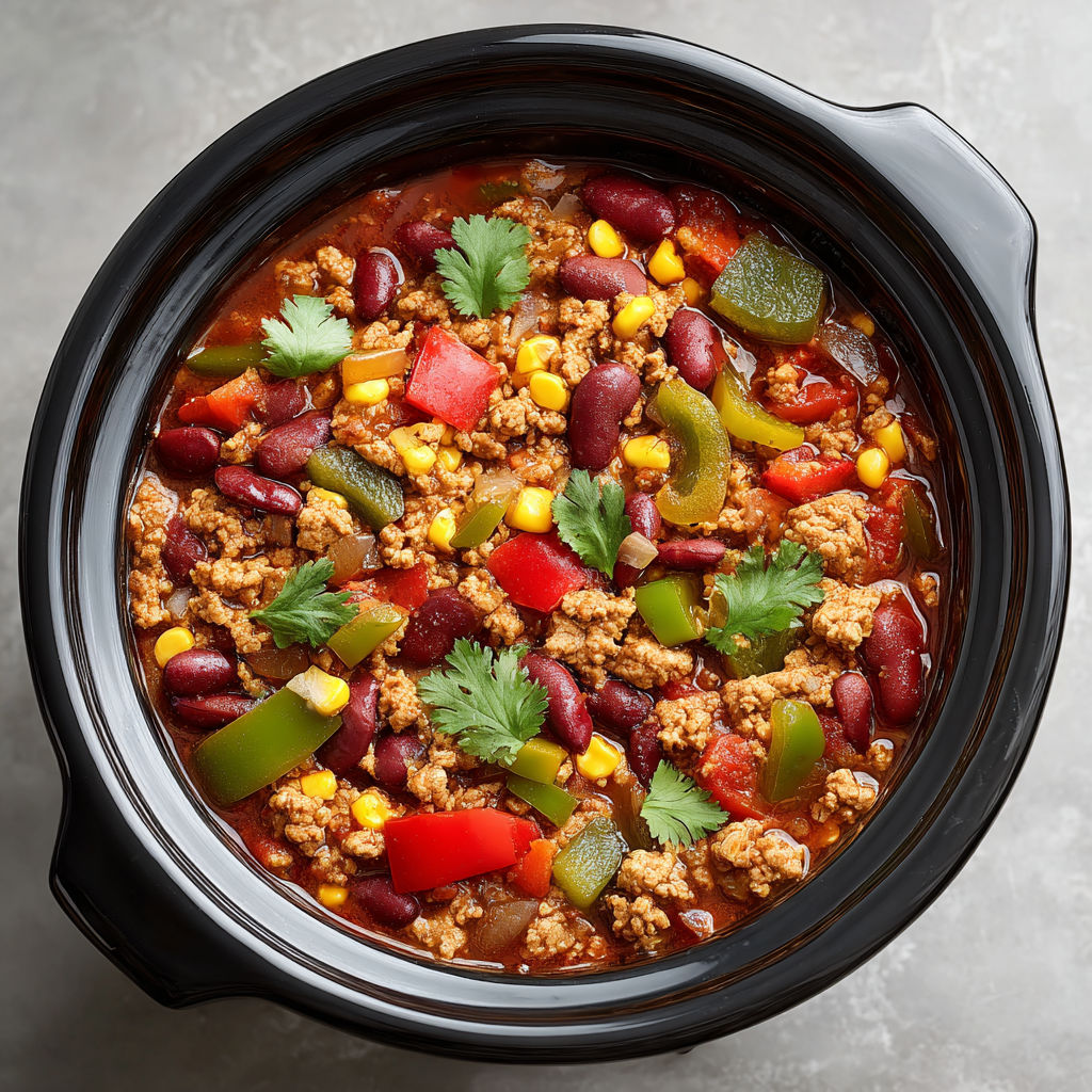 A bowl of chili with meat and vegetables.