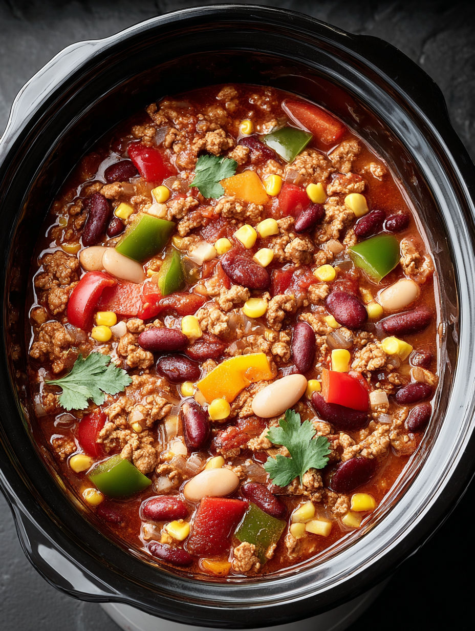 A crockpot filled with a delicious chili.
