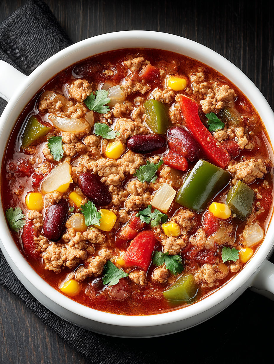 A bowl of chili with meat and vegetables.