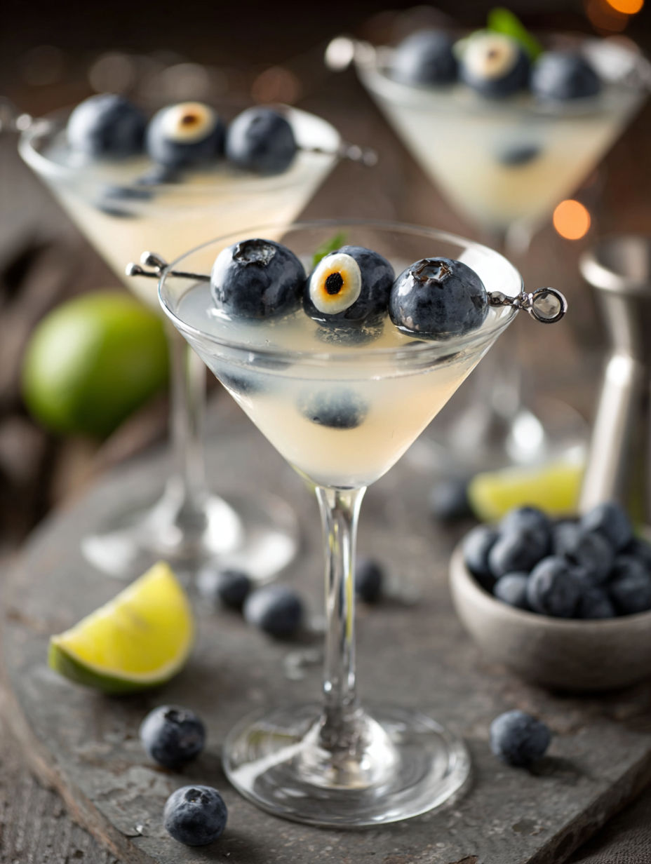A glass of blueberry martini with blueberries in it.