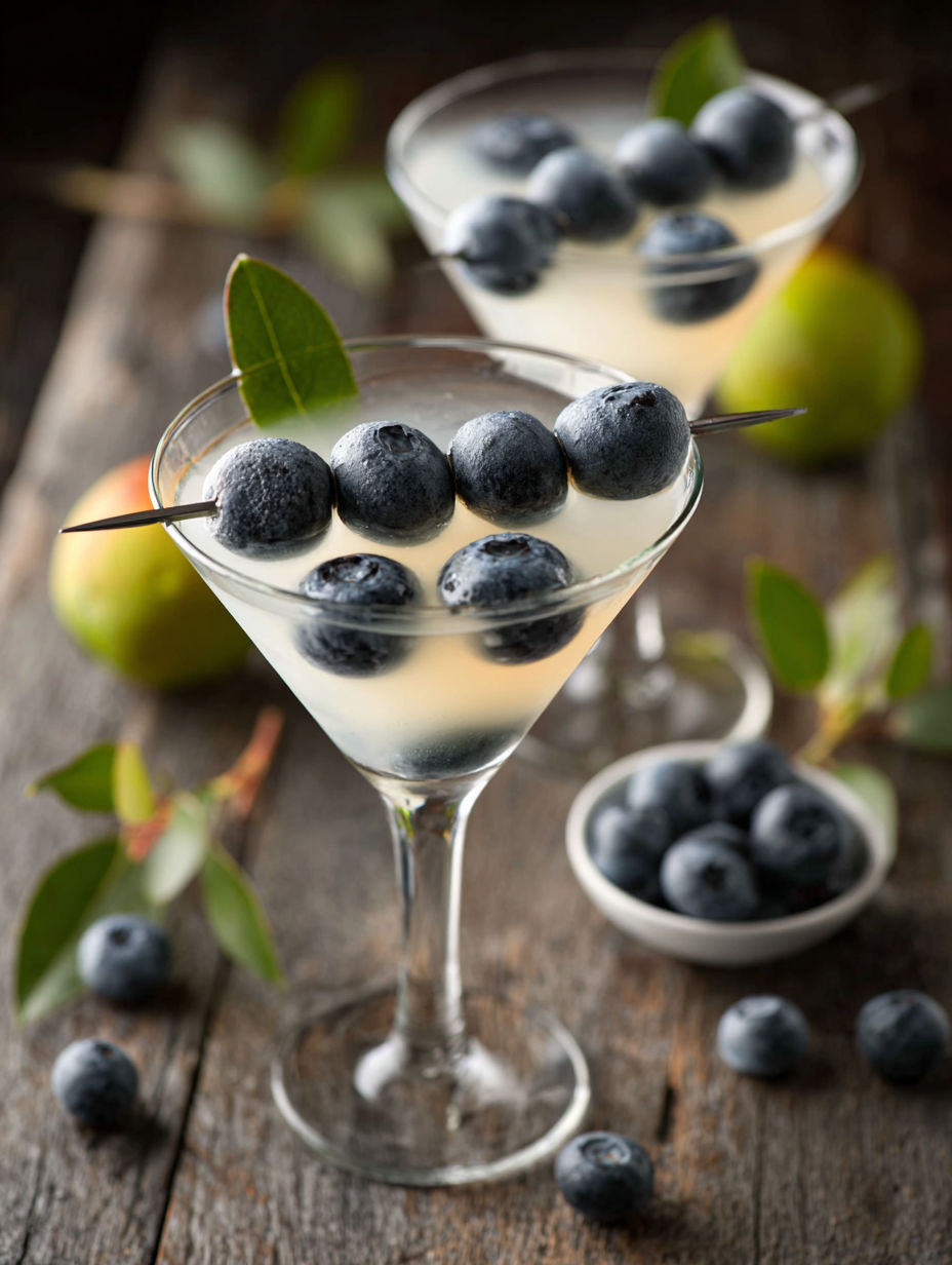 A glass of blueberries with a blueberry martini.