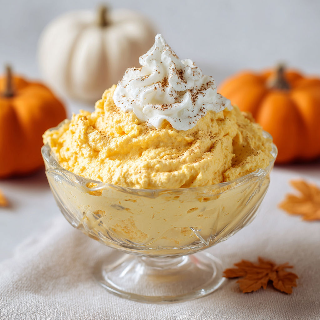 A bowl of pumpkin fluff dip with whipped cream on top.