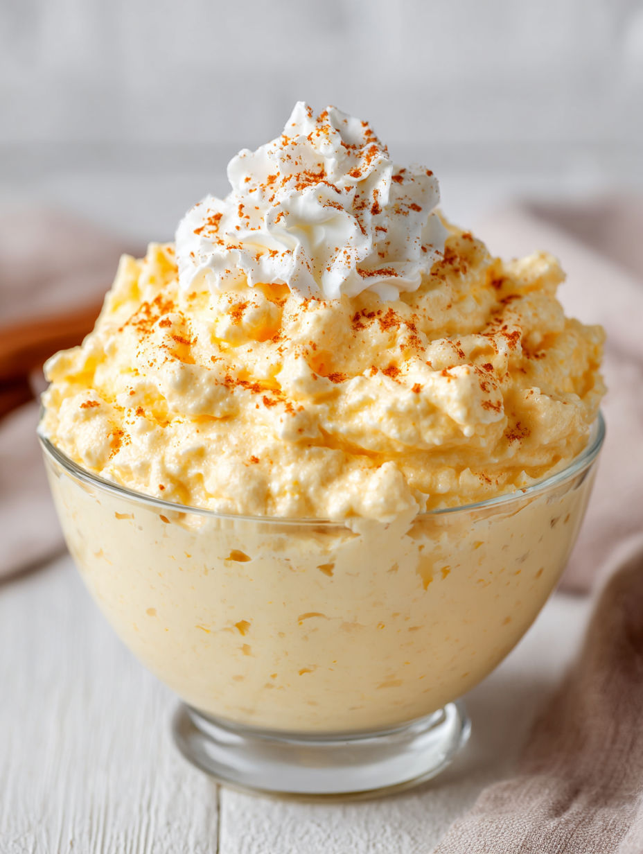 A bowl of pumpkin fluff dip with whipped cream on top.