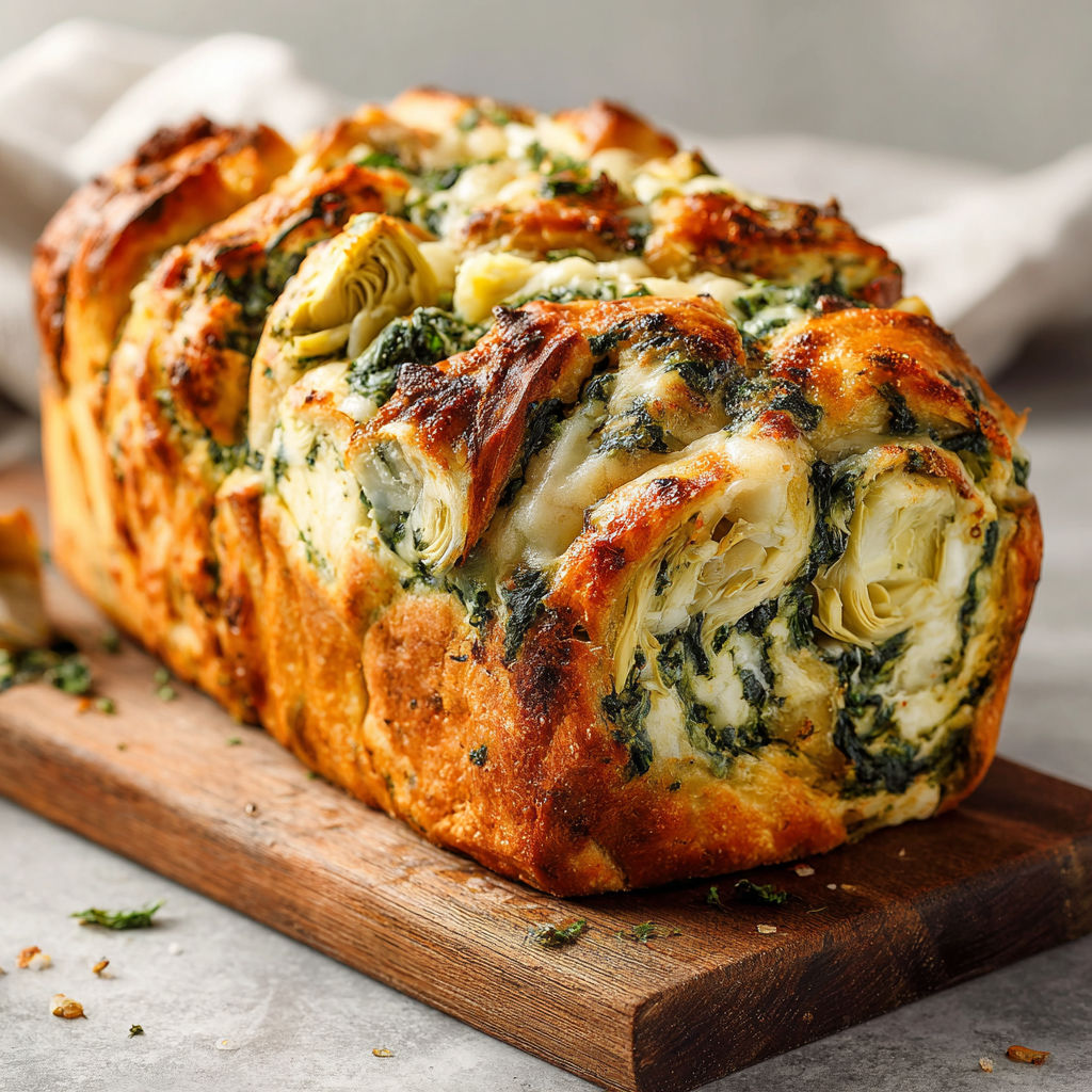 A loaf of vegan spinach and artichoke pull-apart bread.