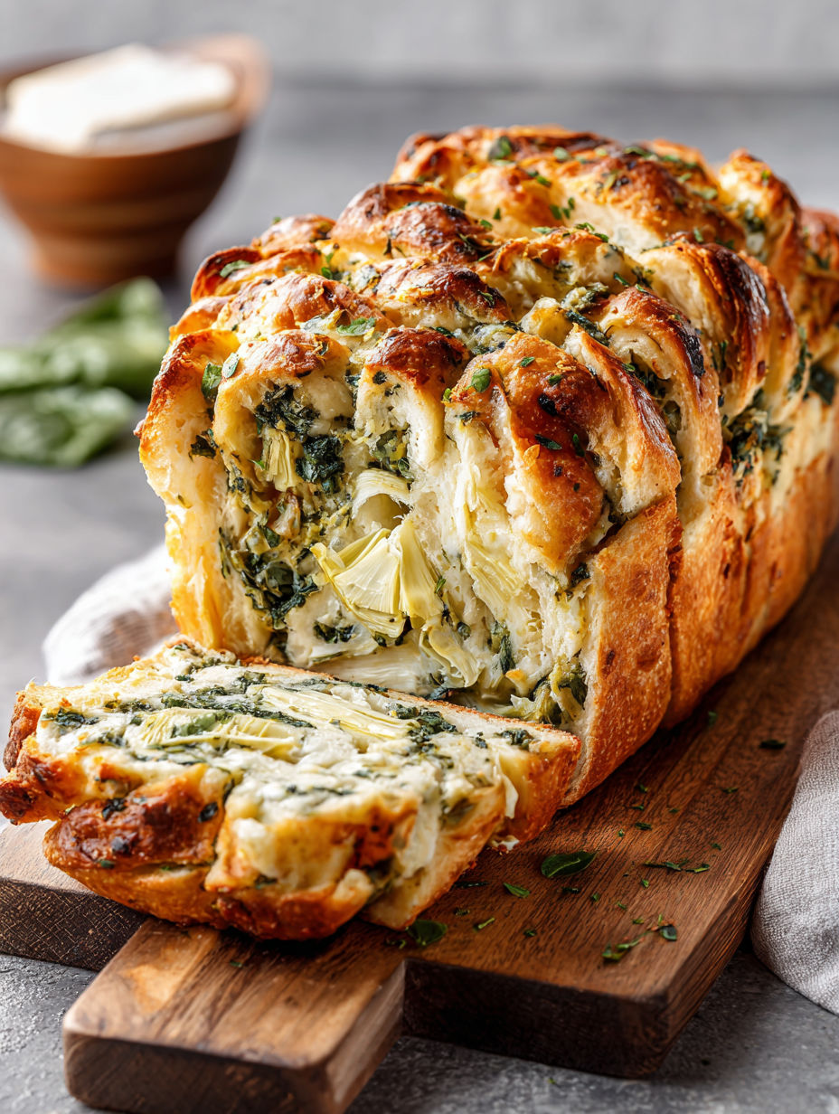 A loaf of vegan spinach and artichoke bread.