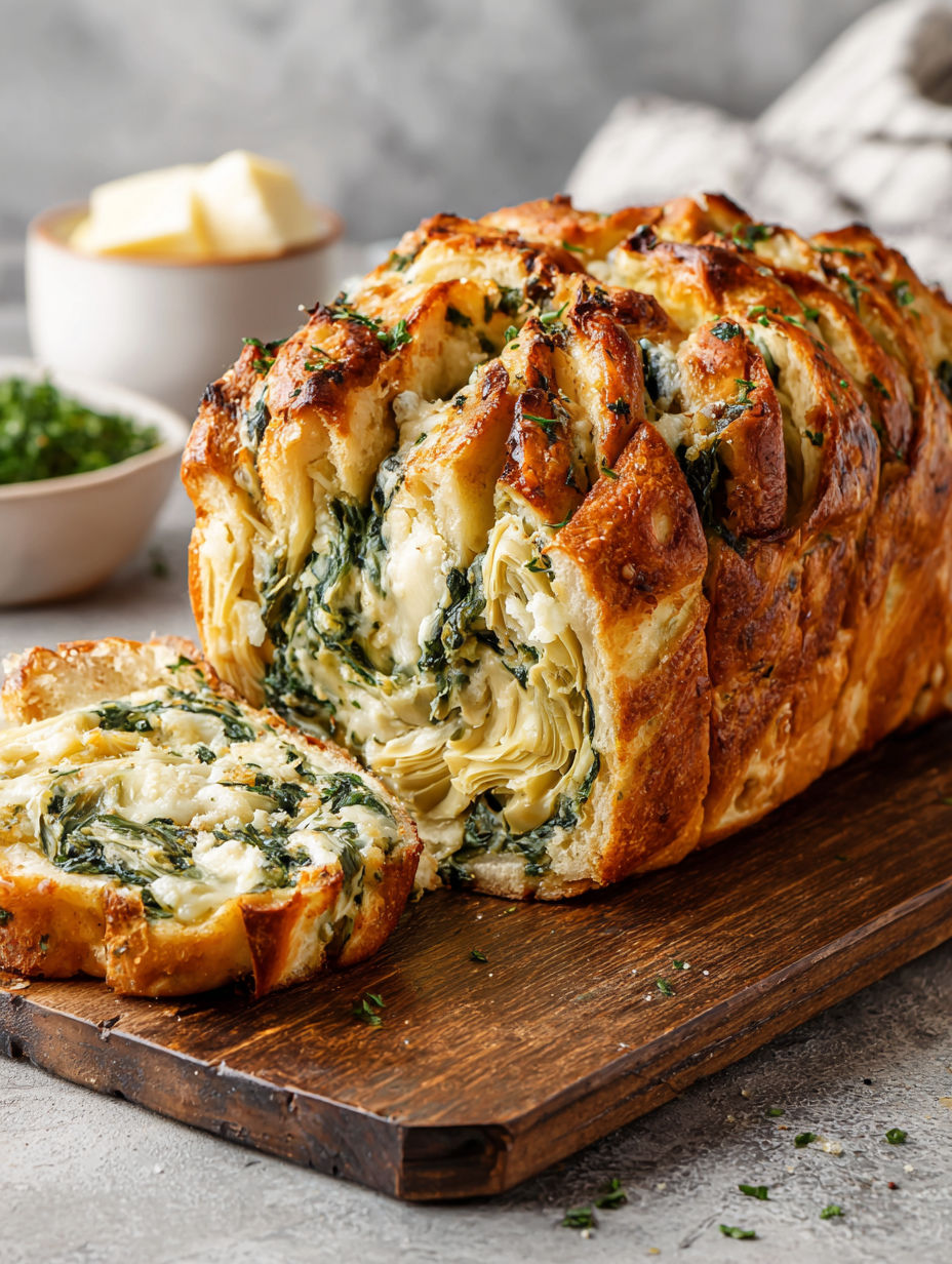 A loaf of vegan spinach and artichoke pull-apart bread.