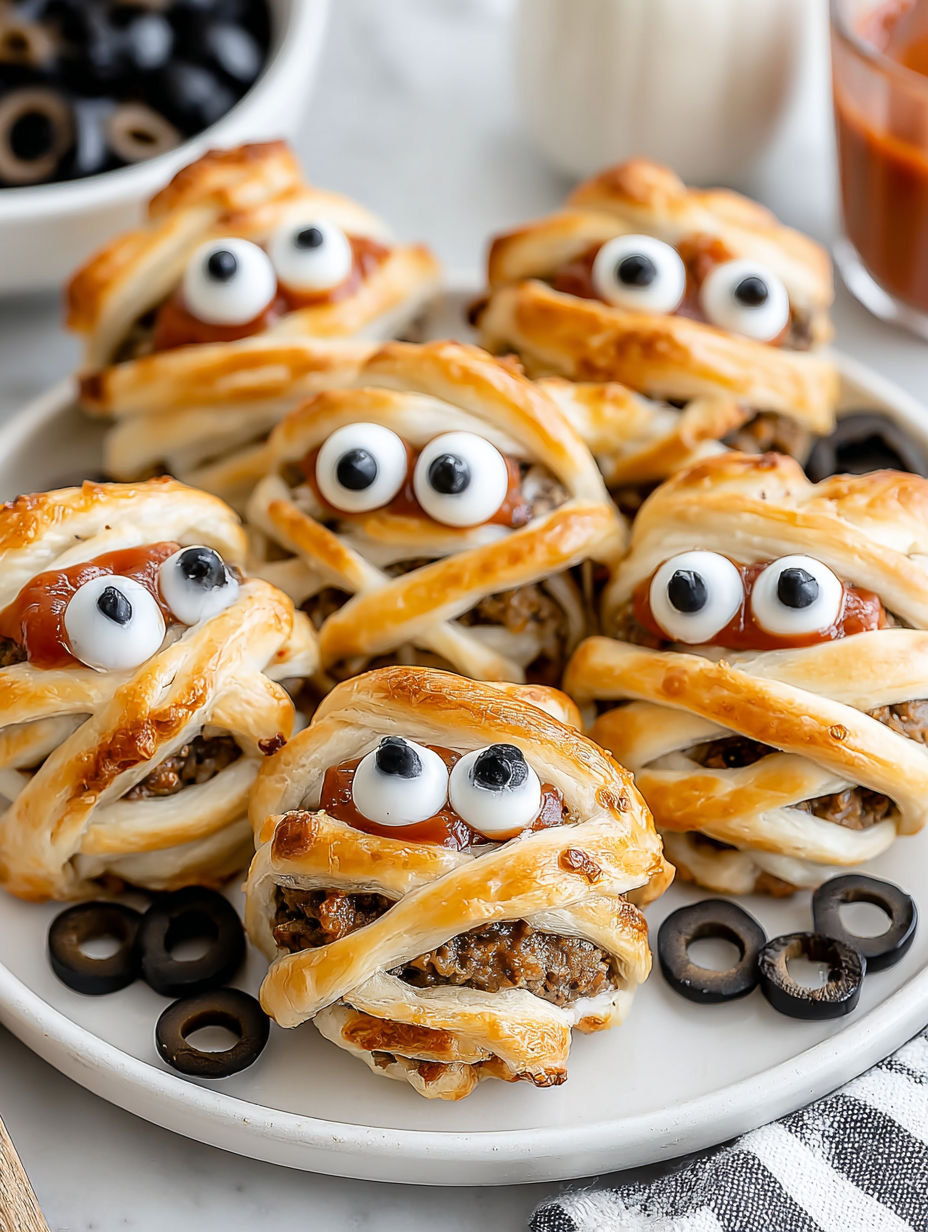 A plate of mummy meatballs with eyes.