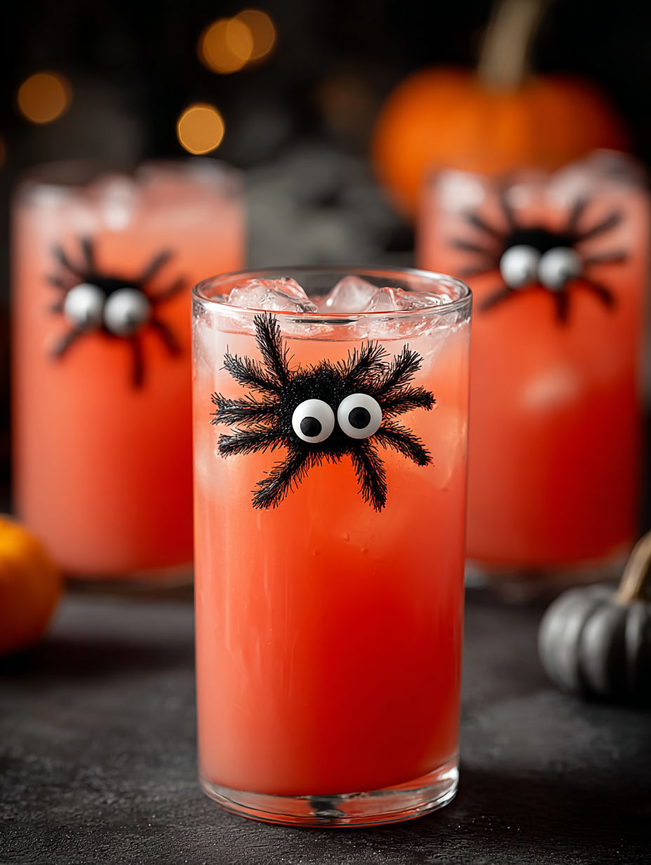 A glass of pink drink with a spider on it.
