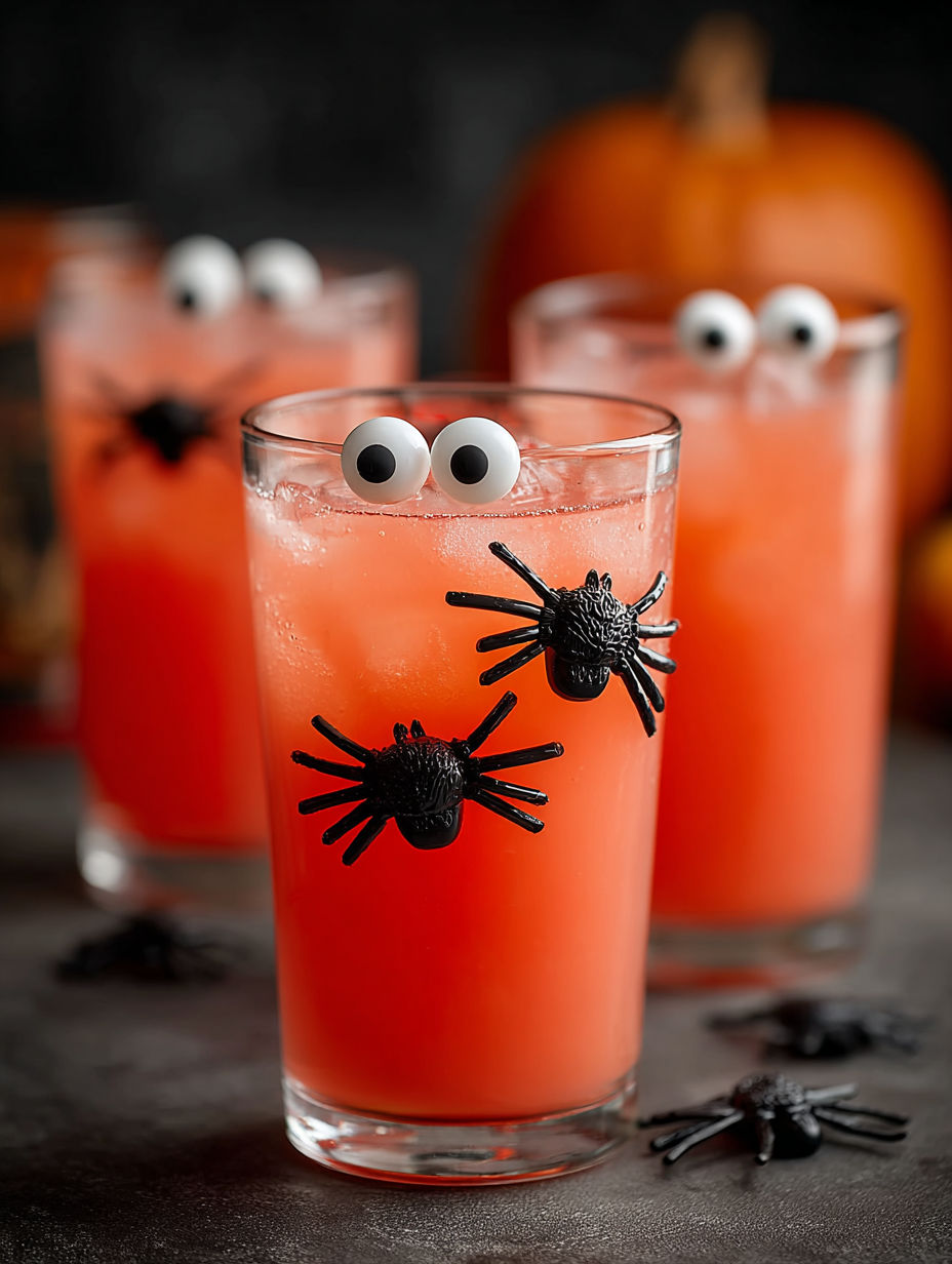 A glass of pink drink with a spider on it.