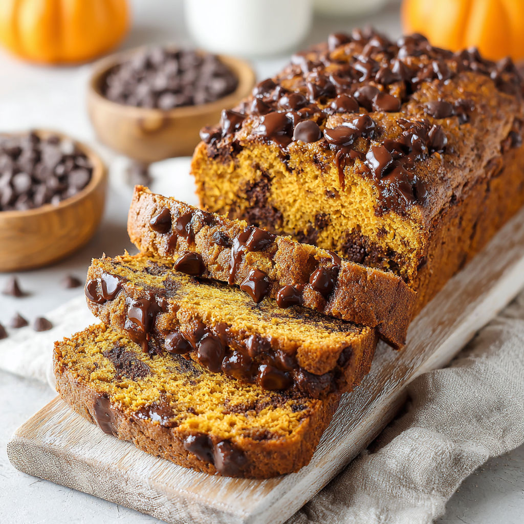 A slice of chocolate chip pumpkin bread with brown butter.