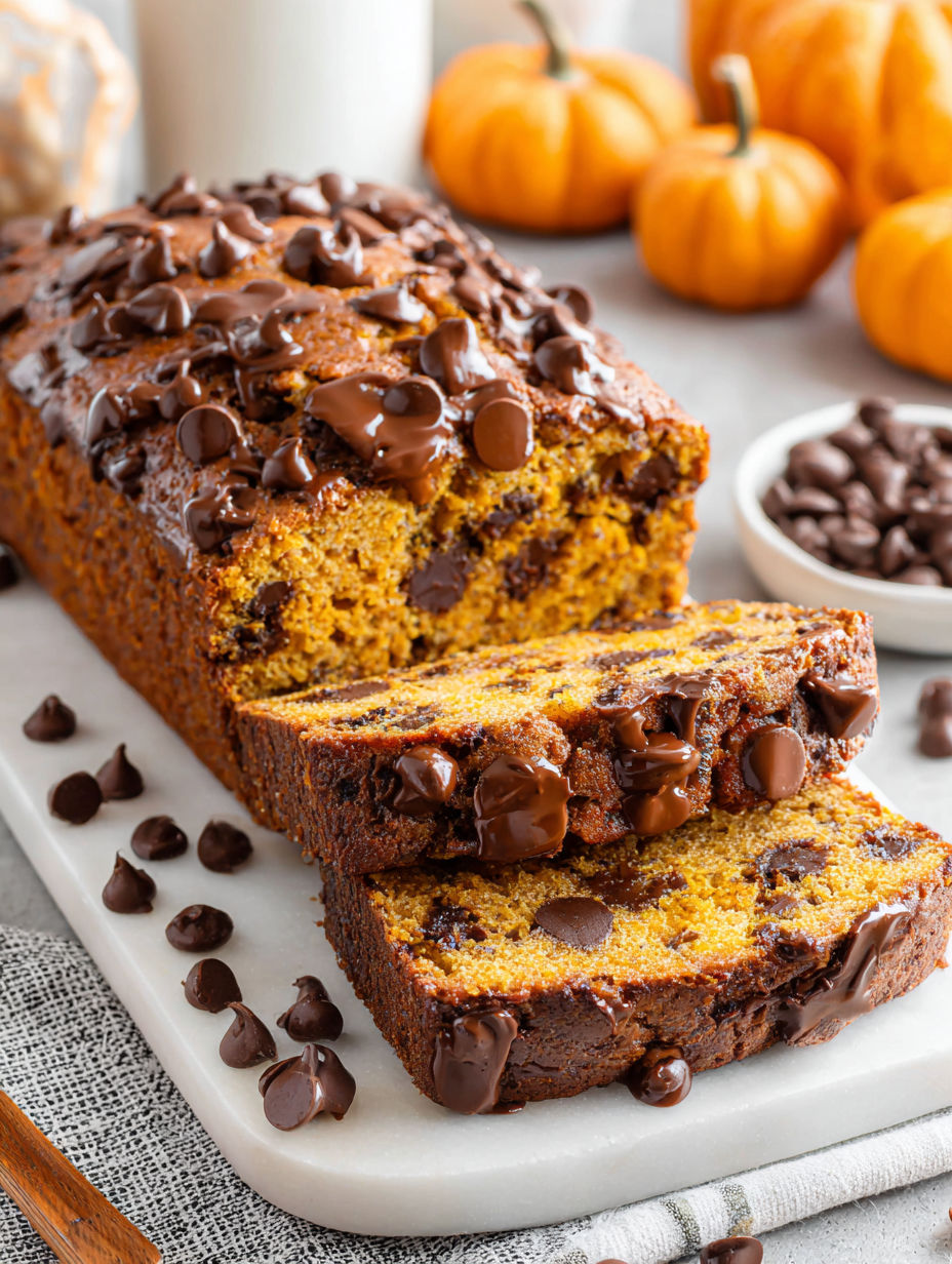 A slice of chocolate chip pumpkin bread with brown butter.