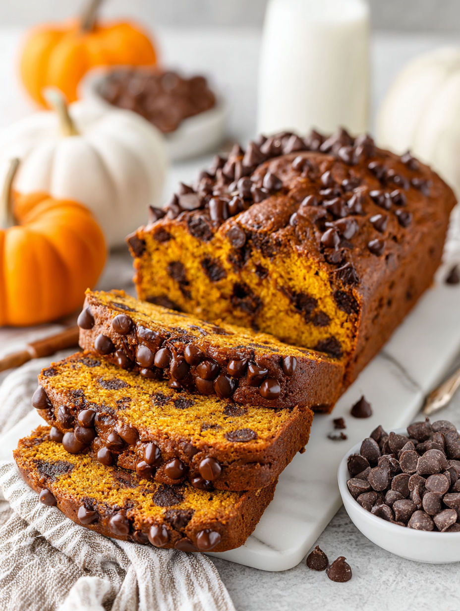 A slice of chocolate chip pumpkin bread with brown butter.