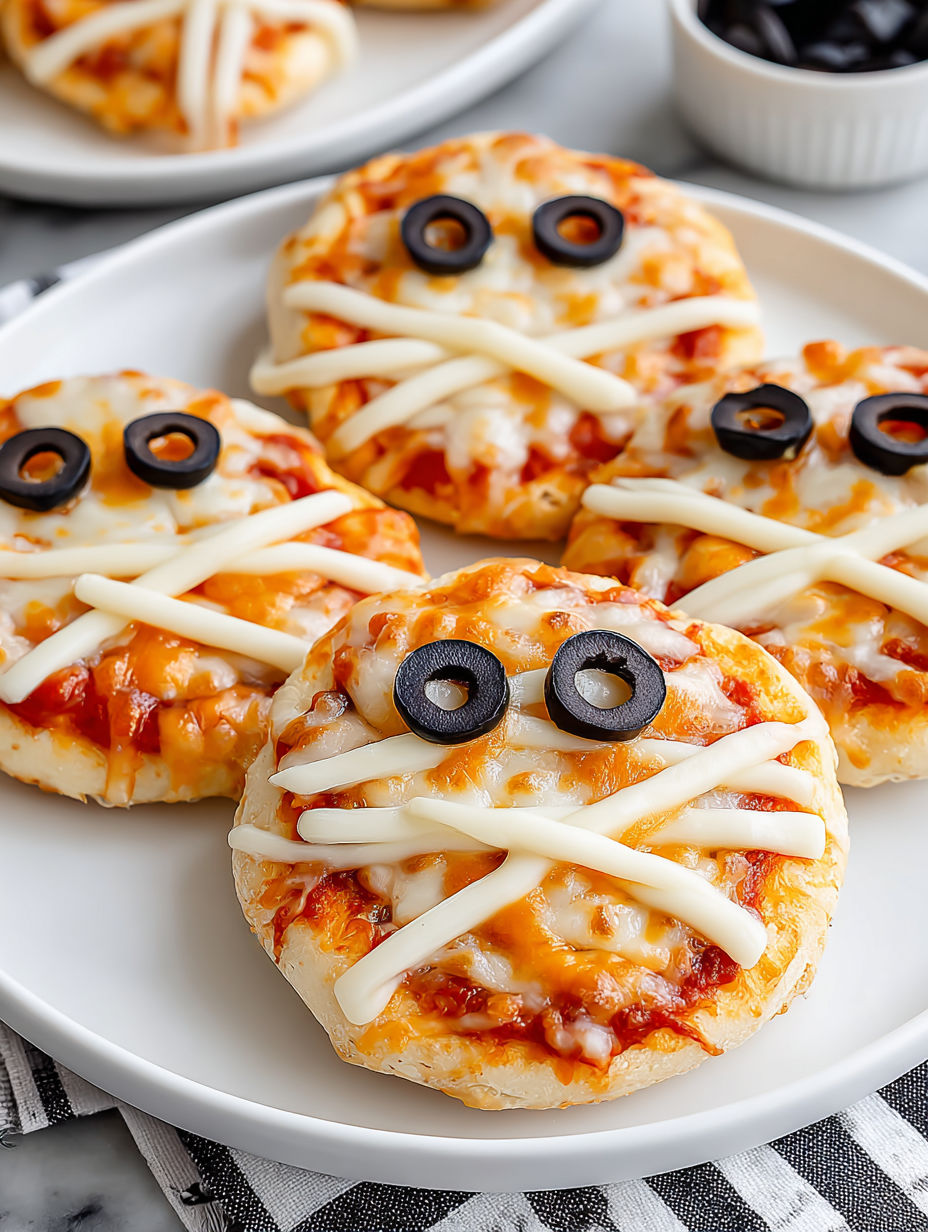 Mini pizzas with black olives and cheese.