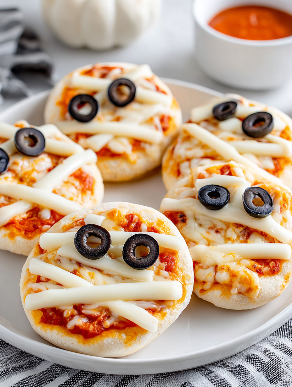 Mini mummy pizzas with olives and cheese.