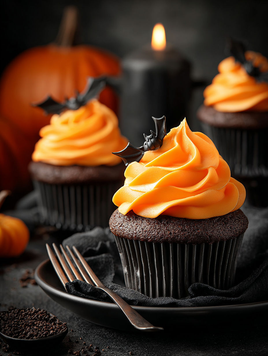 A cupcake with a bat on top.