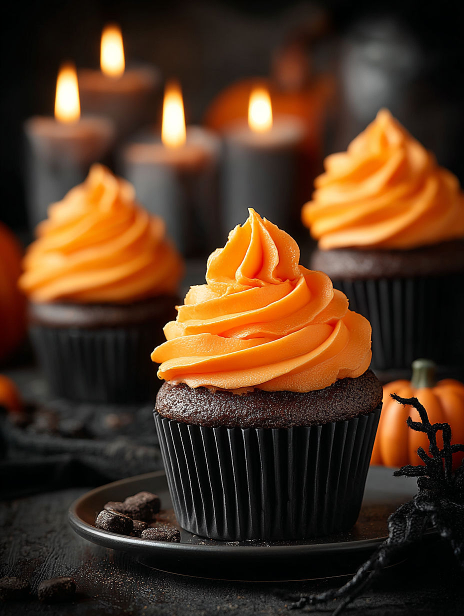 A cupcake with orange frosting and candles.