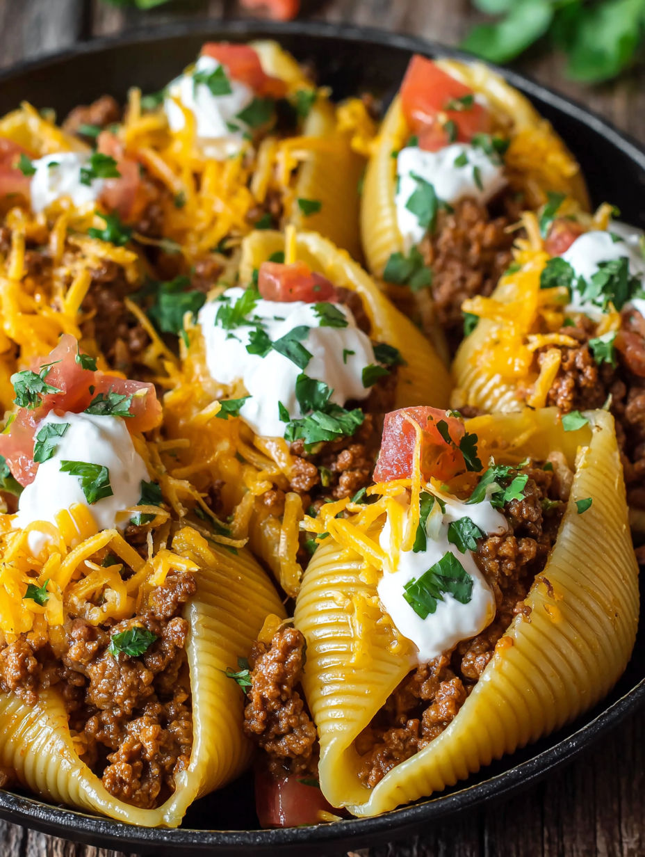 A dish of taco stuffed shells.