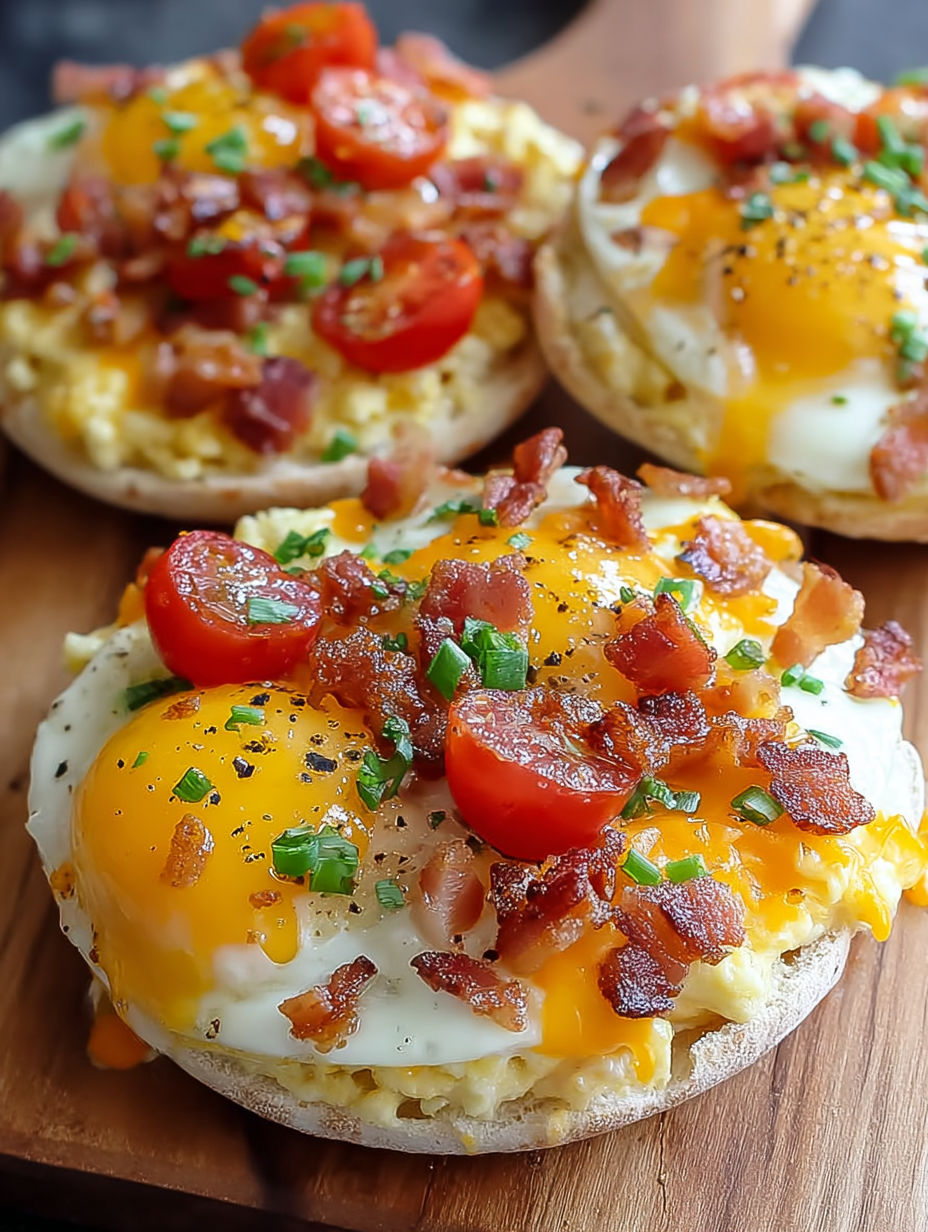 A breakfast sandwich with eggs, tomatoes, and bacon.