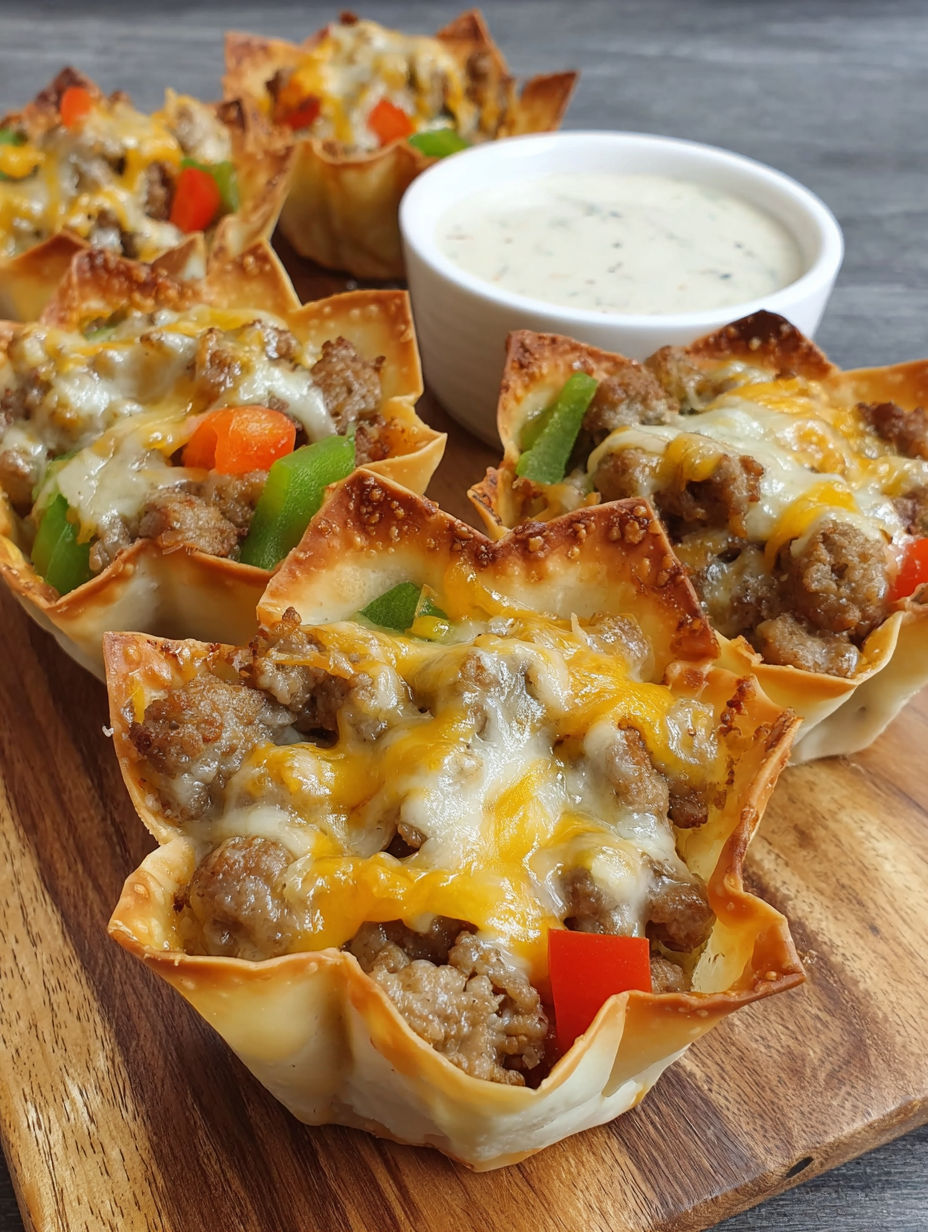 Cheesy sausage wonton cups on a wooden table.
