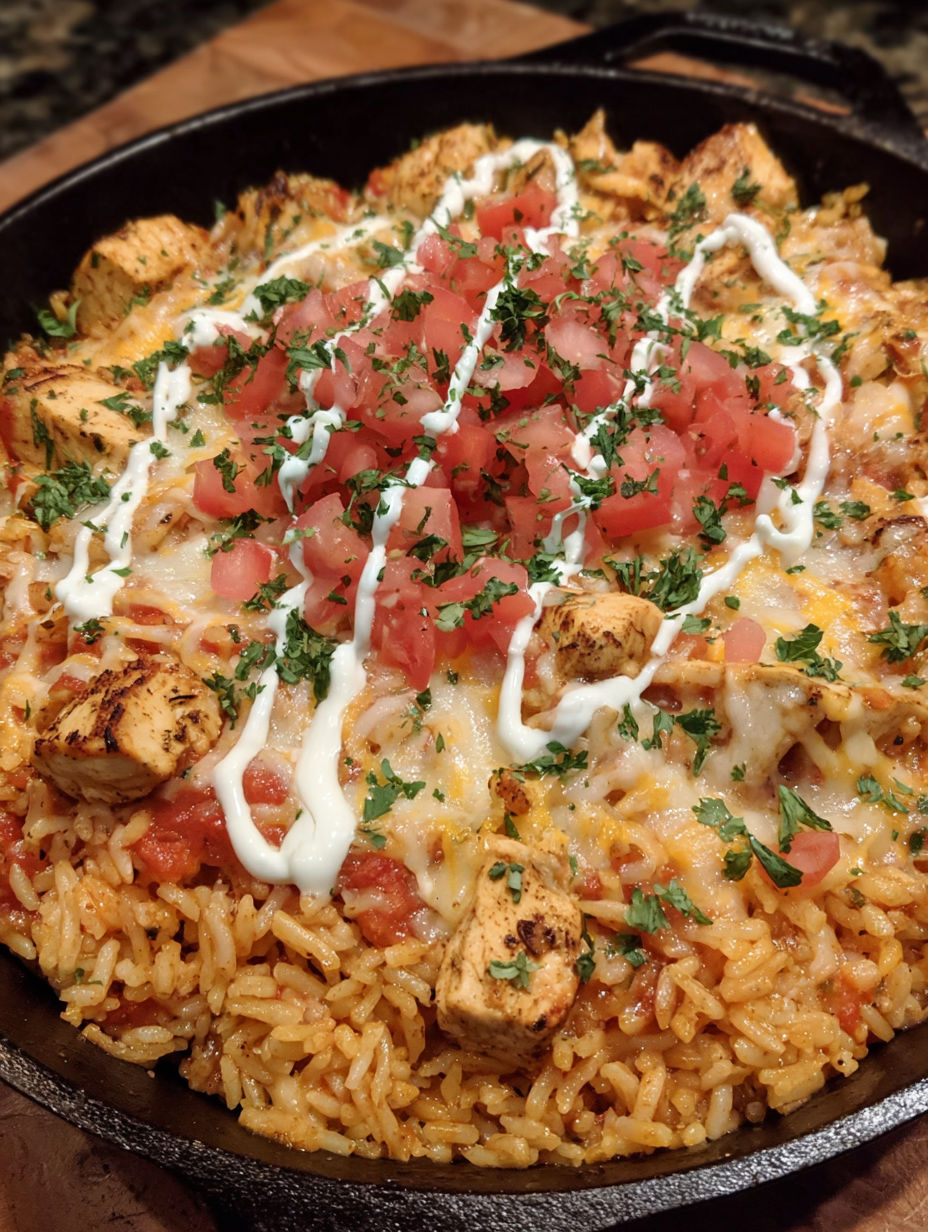 A plate of cheesy chicken taco rice.