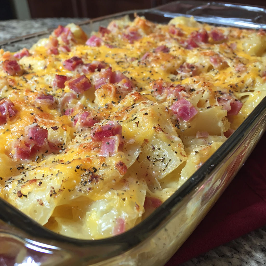 A cheesy ham potato casserole in a glass dish.