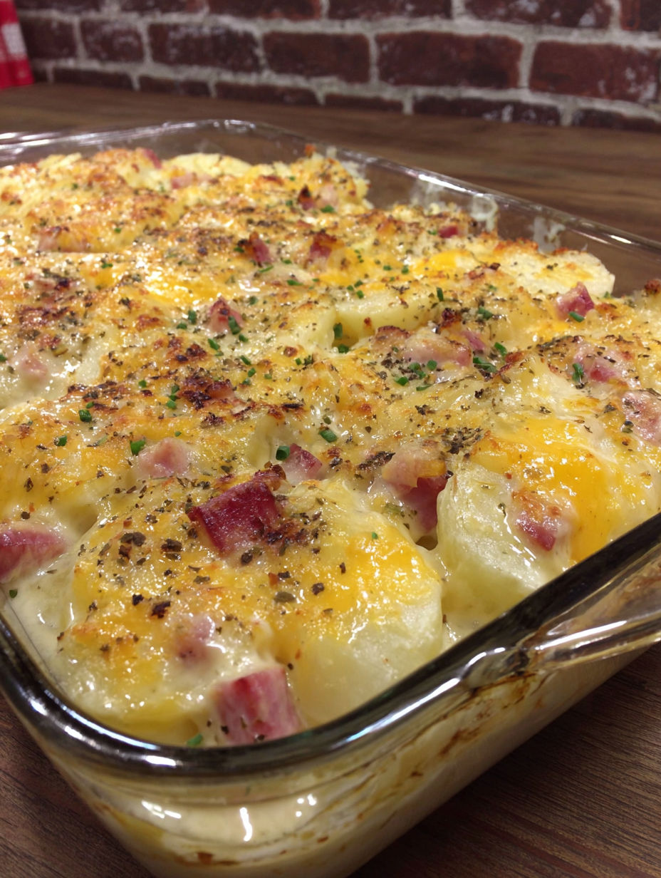 A cheesy ham potato casserole in a glass dish.