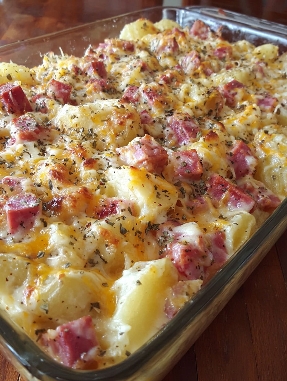 A cheesy ham potato casserole in a glass pan.