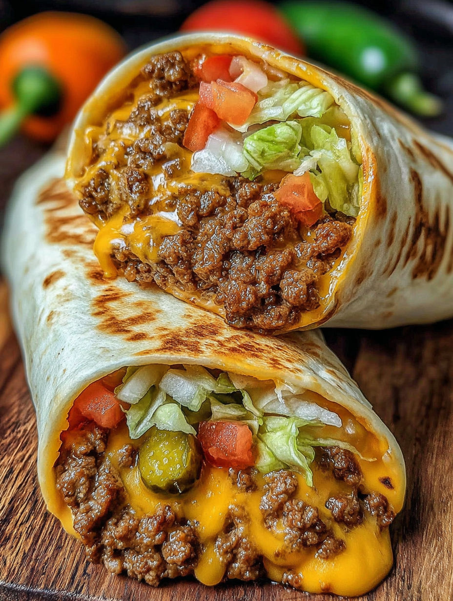 Two cheeseburger wraps with lettuce and tomato.