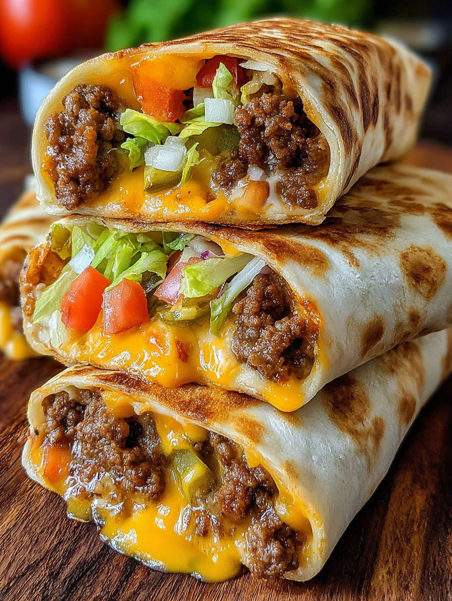 Three cheeseburger wraps stacked on a table.