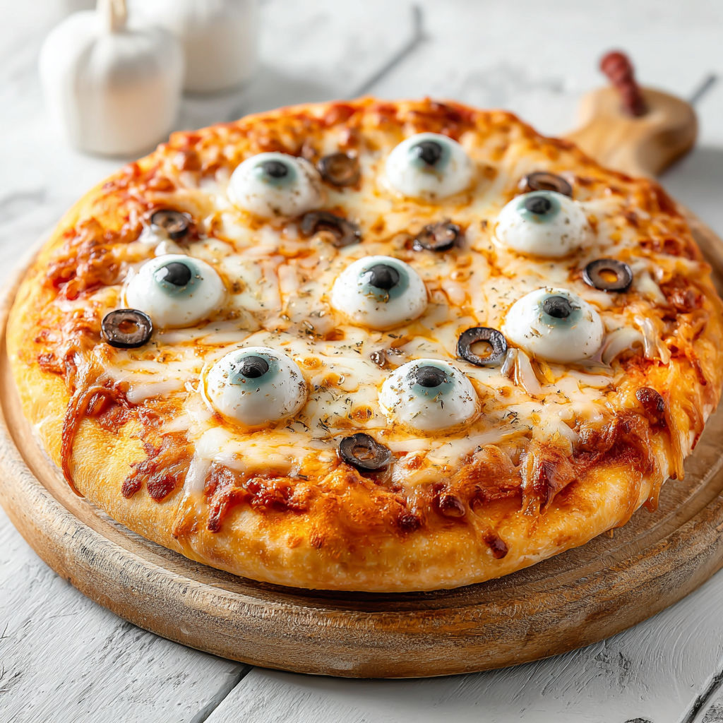 A pizza with monster eyeball toppings.
