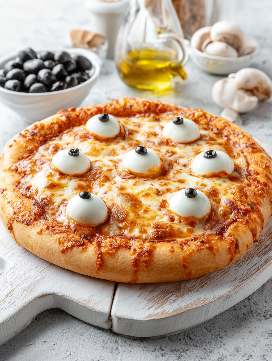 A pizza with monster eyeball toppings.