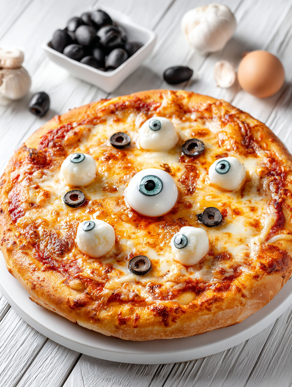 A pizza with eyes on it.